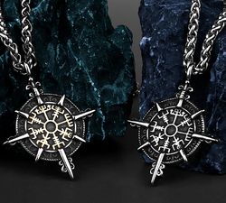 Vegvisir necklace, Viking compass pendant, Scandinavian amulet, Stainless steel jewelry, Gift for male