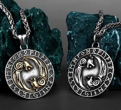 Viking wolves necklace, Geri and Freki pendant, Stainless steel jewelry, Elder Futhark runes