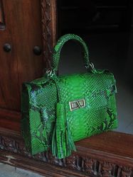 Top handle bright green classy genuine python skin bag | exotic leather bags | Elegant everyday women purse | snakeskin