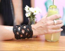 Beaded handmade bracelet black color wide handmade, wide elegant beaded bracelet, beads artwork, beads bracelet wide wom