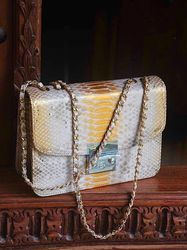 Genuine python skin gold classy bag | designer women leather handbag | snakeprint bag | crossbody purse