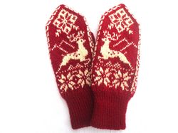 Hand knitted Christmas mittens women's merino wool mittens with deer Norwegian snowflake warm winter gloves gift for Her