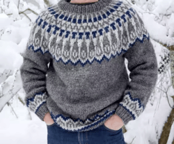 Hand Knit Adult Sweater Patterned Round Yoke Icelandic Lopi Sweater Merino Wool Seamless Nordic Pullover Christmas Gift