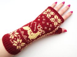 Wool Fingerless Gloves Women's Hand Knit Norwegian Wrist Warmers with Deer Warm Winter Fingerless Mittens Christmas gift