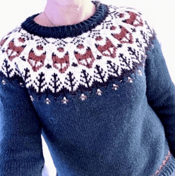 Foxes Pattern Wool Sweater Women Handknit Icelandic Round Yoke Sweater Seamless Fair Isle Pullover Gift for Animal Lover