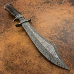 RARE CUSTOM HAND MADE DAMASCUS SUB HILTED BOWIE KNIFE NATURAL WOOD HANDLE