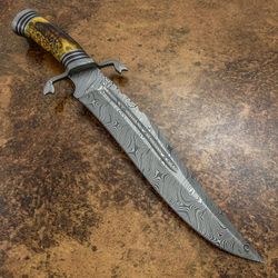 RARE CUSTOM HAND MADE DAMASCUS STEEL BOWIE HUNTING KNIFE STAG ANTLER HANDLE