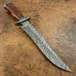 CUSTOM HAND MADE DAMASCUS STEEL BOWIE HUNTING KNIFE STACKED LEATHER HANDLE