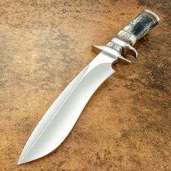 CUSTOM HAND MADE D2 TOOL STEEL SASQUACH BOWIE HUNTING KNIFE SUB HILTED STAINED CAMEL BONE HANDLE