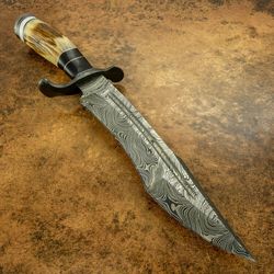 CUSTOM HAND MADE DAMASCUS STEEL BOWIE HUNTING KNIFE STAG ANTLER & BULL HORN HANDLE