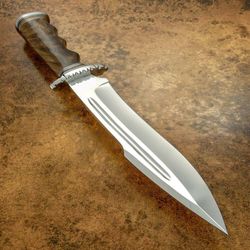 RARE CUSTOM HAND MADE D2 TOOL STEEL BOWIE HUNTING KNIFE BLOOD GROOVED NATURAL WOOD HANDLE