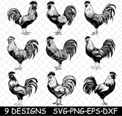 Rooster Chicken Cockerel Poultry Cock Male Crow Farm Livestock SVG,DXF,Eps,PNG,Cricut,Silhouette,Cut,Laser,Stencil,Stick