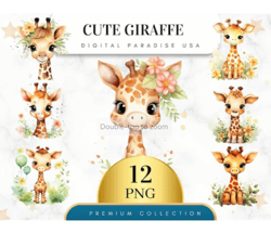 Set of 12, Cute Giraffe Clipart, Giraffe PNG, Baby Animal Clipart, Safari Nursery Decor, Jungle Animals, Sublimation PNG