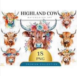 set of 18, highland cow png, watercolor highland clipart, highland cow, baby shower decor, boho animal, highland cow svg
