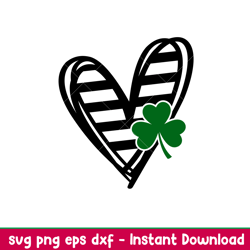 Stripped Heart With Clover, Stripped Heart With Clover Svg, St. Patricks Day Svg, Lucky Svg, Irish Svg, Clover Svg, png,