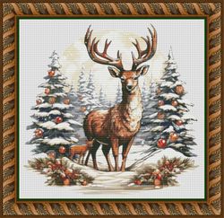 Christmas reindeer cross stitch pattern Christmas scene cross stitch Deer cross stitch pattern Nature cross stitch