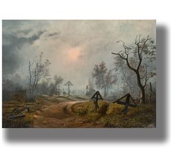 fog over the russian cemetery. gothic home decor. a poster with a sad landscape. melancholic wall decoration. 97.