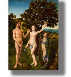 The Fall into sin. Adam and Eve take an apple from the Tree of Knowledge. Religious Art Print. 151