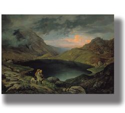 lake in the riesengebirge. lonely traveler with a dog in the mountains. beautiful atmospheric landscape. 648.