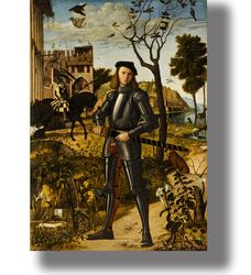 young knight in a landscape. medieval art print. european art reproduction. historical design. 695.