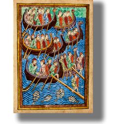 The Vikings ships. Pagan artwork. Beautiful vintage poster. Norwegian home decor. Medieval image of drakkars. 599.