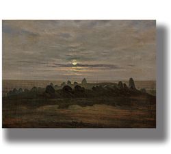A Stone Age mound under a full moon. Mysterious poster with a full moon. Carl Gustav Carus poster. Atmospheric art. 642.