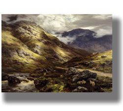 wandering shadows in the scottish mountains. nordic scenery illustration. peter graham painting. 628.