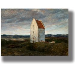 landscape with skagen's old church. gothic scenery wall hanging. danish painting artwork. nordic landscape print 853.