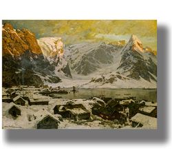 winter reine in lofoten. snowy mountains and harsh norwegian fjord. otto sinding painting. scandinavian art print. 603.