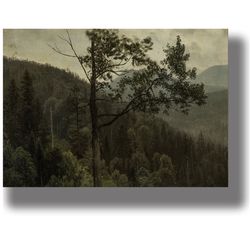 Trees covered mountains. Forest scenery artwork. Wild nature reproduction. Albert Bierstadt painting. 7.