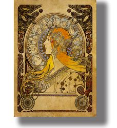 zodiac. alphonse mucha. poster in the art nouveau style. print of western european art. beautiful home decor. 622.