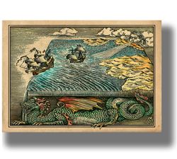 the flat earth map. a beautiful reproduction from an ancient book. print with ships and a dragon. 430.