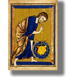 World creation. God is measuring the world by the compass. Religious poster. Medieval Art. Poster on aged paper. 366.