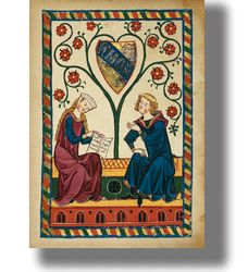 Medieval Lovers from Codex Manesse. Wedding gift. Handmade paper poster. A romantic love gift. Vintage design. 694