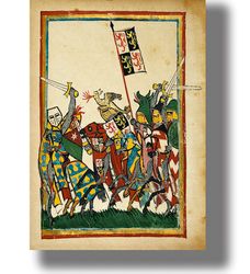 Battle of the Knights from a medieval manuscript Codex Manesse. Medieval style decor. Jousting tournament poster. 775.