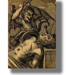Torment of sinner in hell. A fantastic poster with devils and demons. Satanic decoration. Demonic print. 729.
