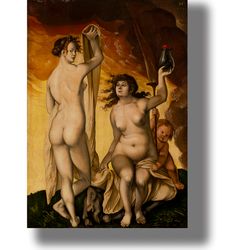 Two witches with Goat by Hans Baldung Grien. Medieval art craft. Witchy art print. A witches poster. 842.