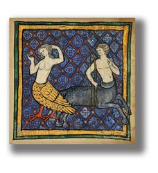 a siren and a centaur. poster with fantasy monsters. medieval art print. fantastic animals art. 784.