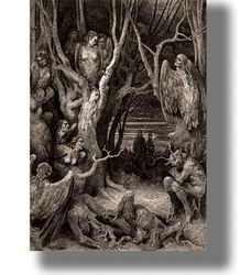 Harpies Forest Of Suicides by Gustave Dore. Fantasy forest decor. Dante Virgil in Hell artwork. Dark gloomy art. 644.