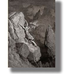 Paradise Lost by Gustave Dore. Gothic illustration. Occult style reproduction. The Fallen Angel Lucifer print. 203.