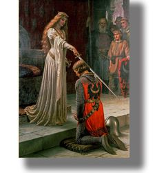 Accolade. The Lady and the Knight. Pre-Raphaelites painting print. Edmund Blair Leighton painting. 902.