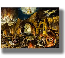 the harrowing of hell. jacob van swanenburg. religious art poster. inferno artwork. a gloomy infernal landscape. 503