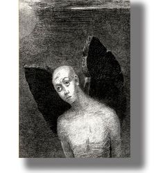 The Fallen Angel Opened His Black Wings. French symbolist Odilon Redon poster. Gothic home decor. 710
