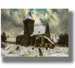 Old monastery church In winter. Beautiful atmospheric art. Romantic style room decor. Northern nature decoration. 795.