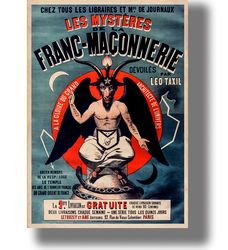 The Mysteries of freemasonry. Baphomet from the Masonic Mysteries. Occult home decor. An old poster with Lucifer. 509.