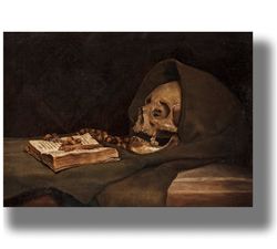 Scary monk skull portrait. Vanitas still life. Reproduction skeleton of a monk. Macabre art poster. 717.