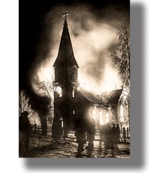 old burning church photo. historical photo art. vintage photography for home decor. the design is in the old style. 680