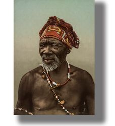 native medicine man from south africa. retro color photograph of a sorcerer. pagan wall hanging. ethno home decor. 662.