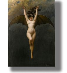 the bat woman. albert joseph penot. a winged female vampire. gothic drawing in the nude style. fantasy decor. 778.