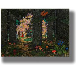Hansel and Gretel at the witch's gingerbread house. Fairy tales of the Brothers Grimm. Magic forest picture. 840.